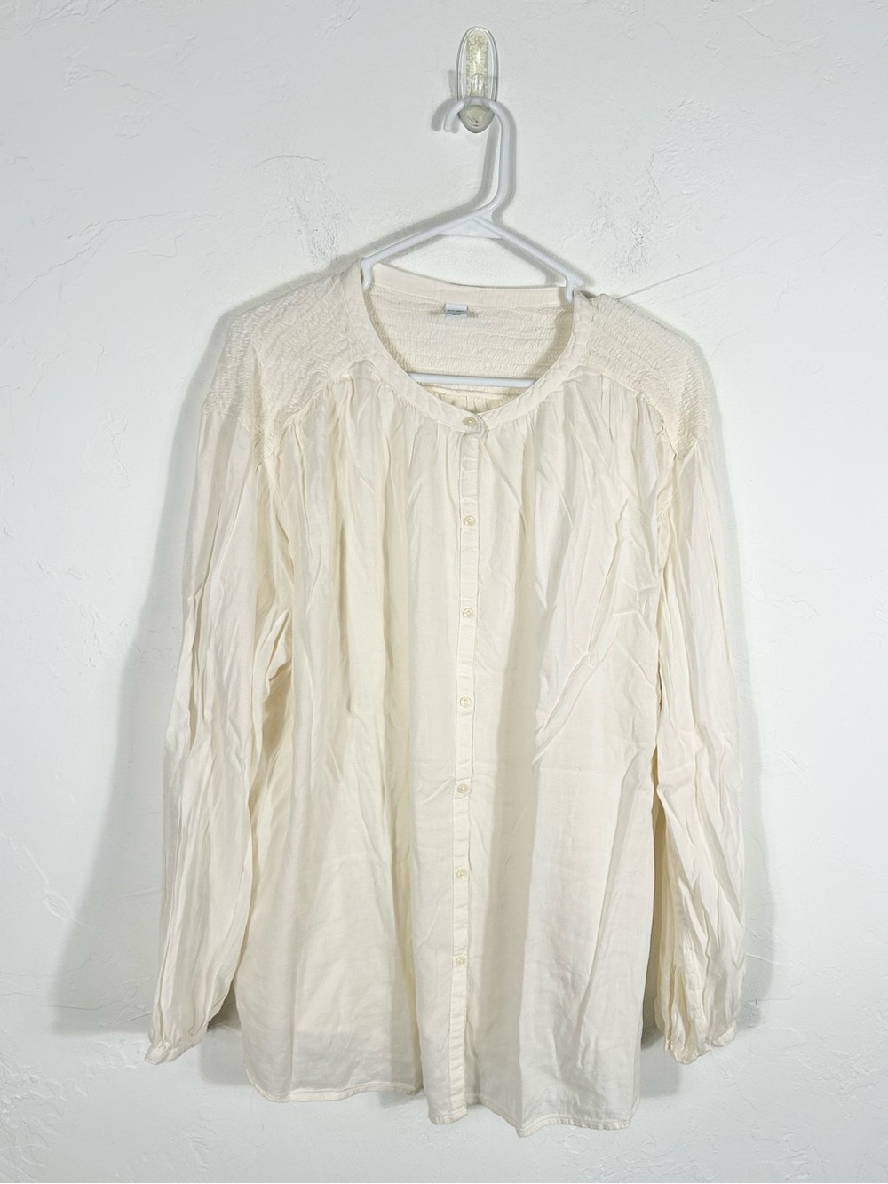 Old Navy Cream Smocked Button-Down Boho Peasant Blouse Top XXL